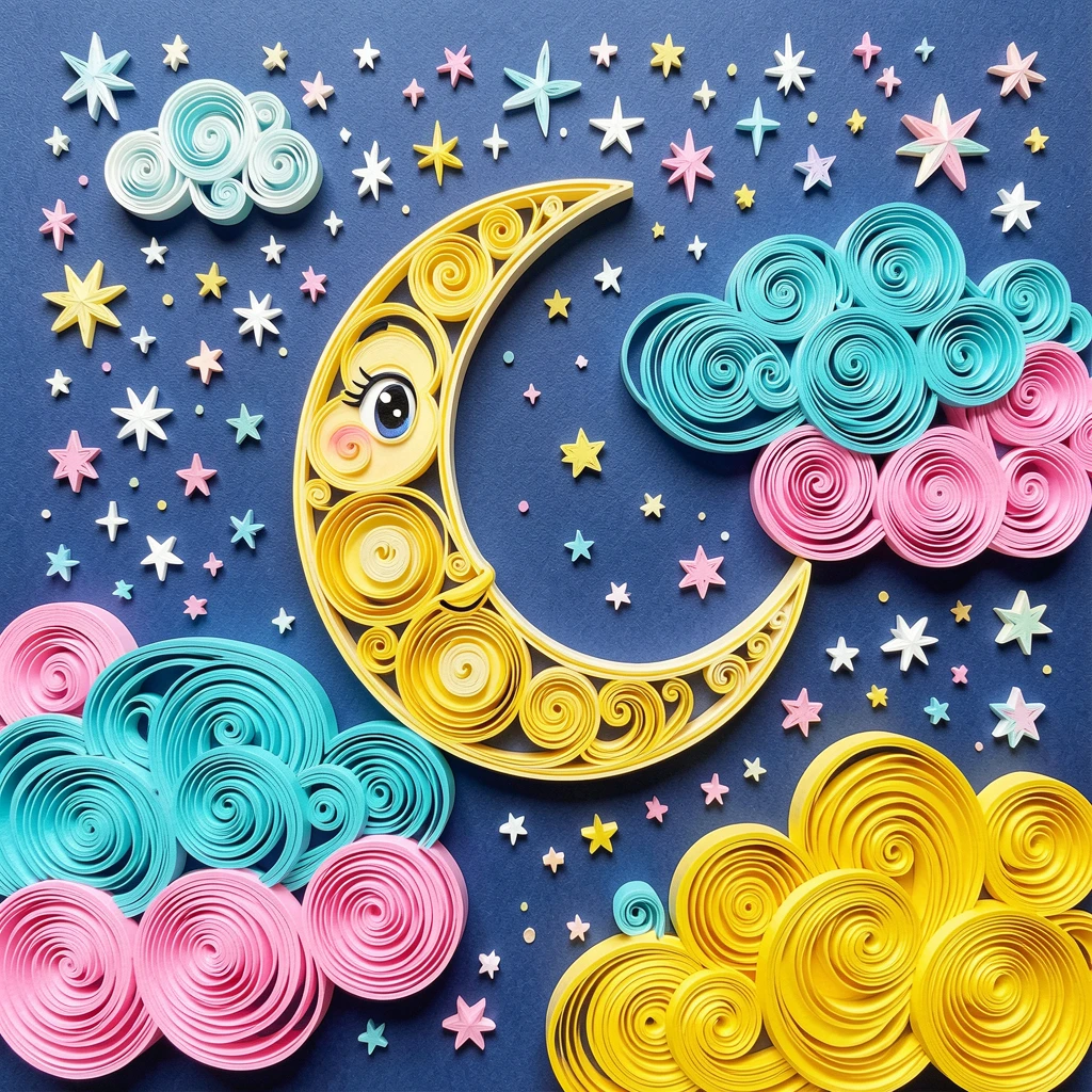 A whimsical children's scene of a starry night sky with a smiling crescent moon beneath a sky full of fluffy cotton-candy clouds, in bright candy colors of pink, turquoise, and yellow, composed with a friendly, inviting central focal point.