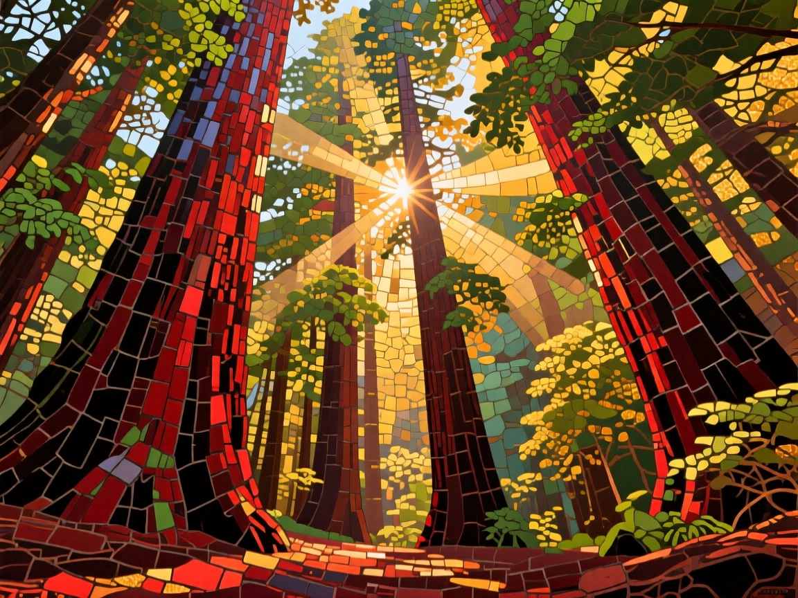 A dramatic view of towering redwood trees with sunbeams breaking through.