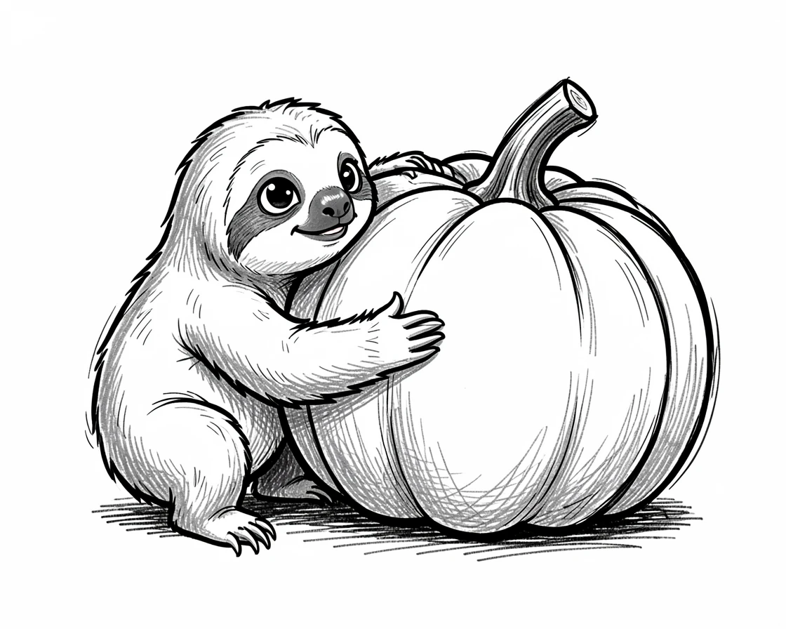 A baby sloth trying to hug a pumpkin twice its size.