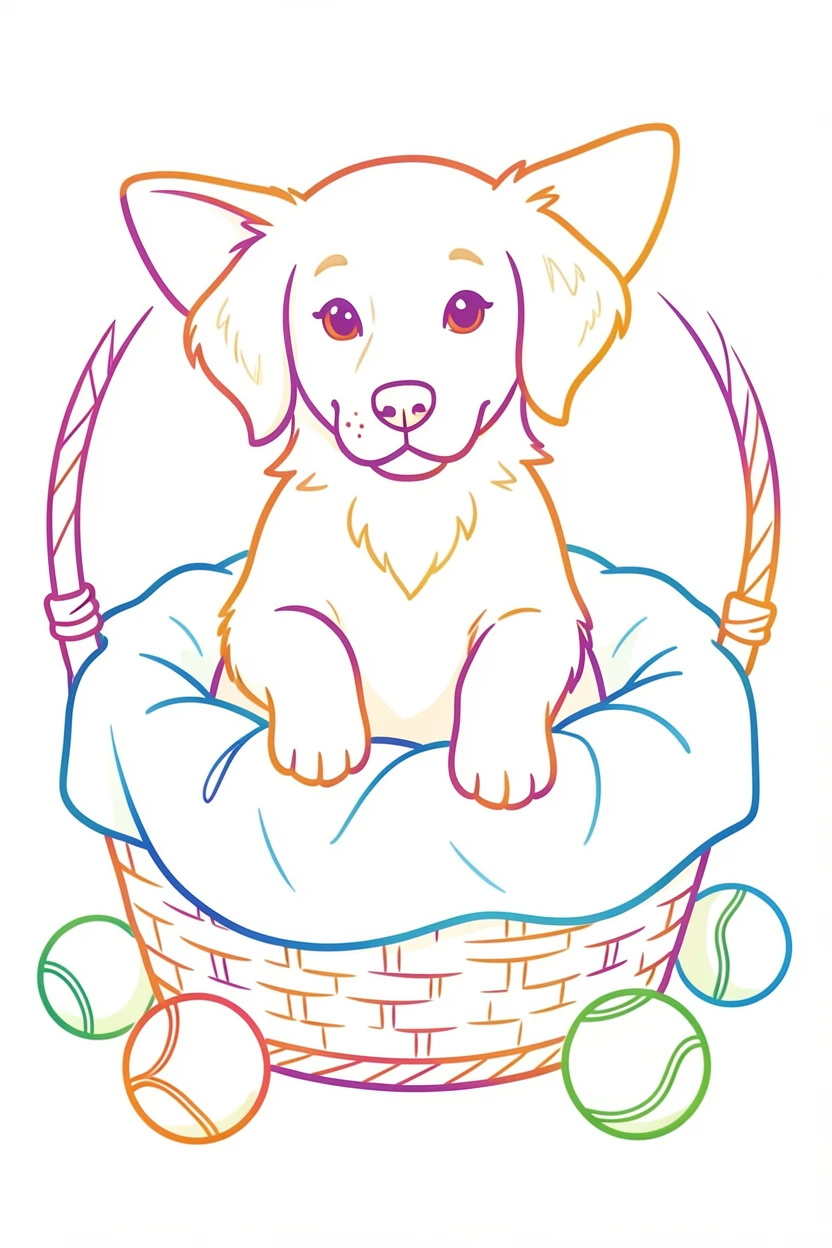 A golden retriever puppy sitting in a wicker basket lined with a soft blanket, ears perked, one paw resting on the basket's edge, surrounded by a few scattered tennis balls.