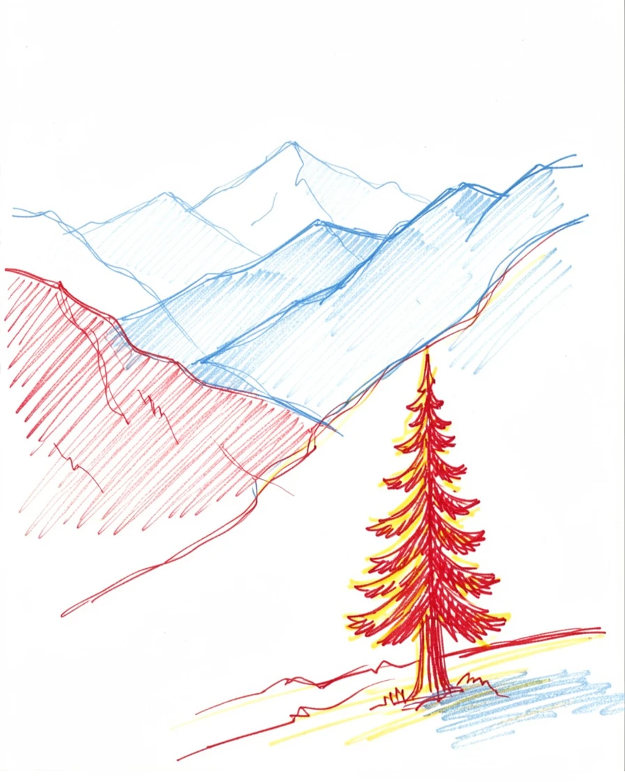 A misty mountain valley at sunrise, layered peaks fading into blue haze, a lone pine silhouetted in the foreground