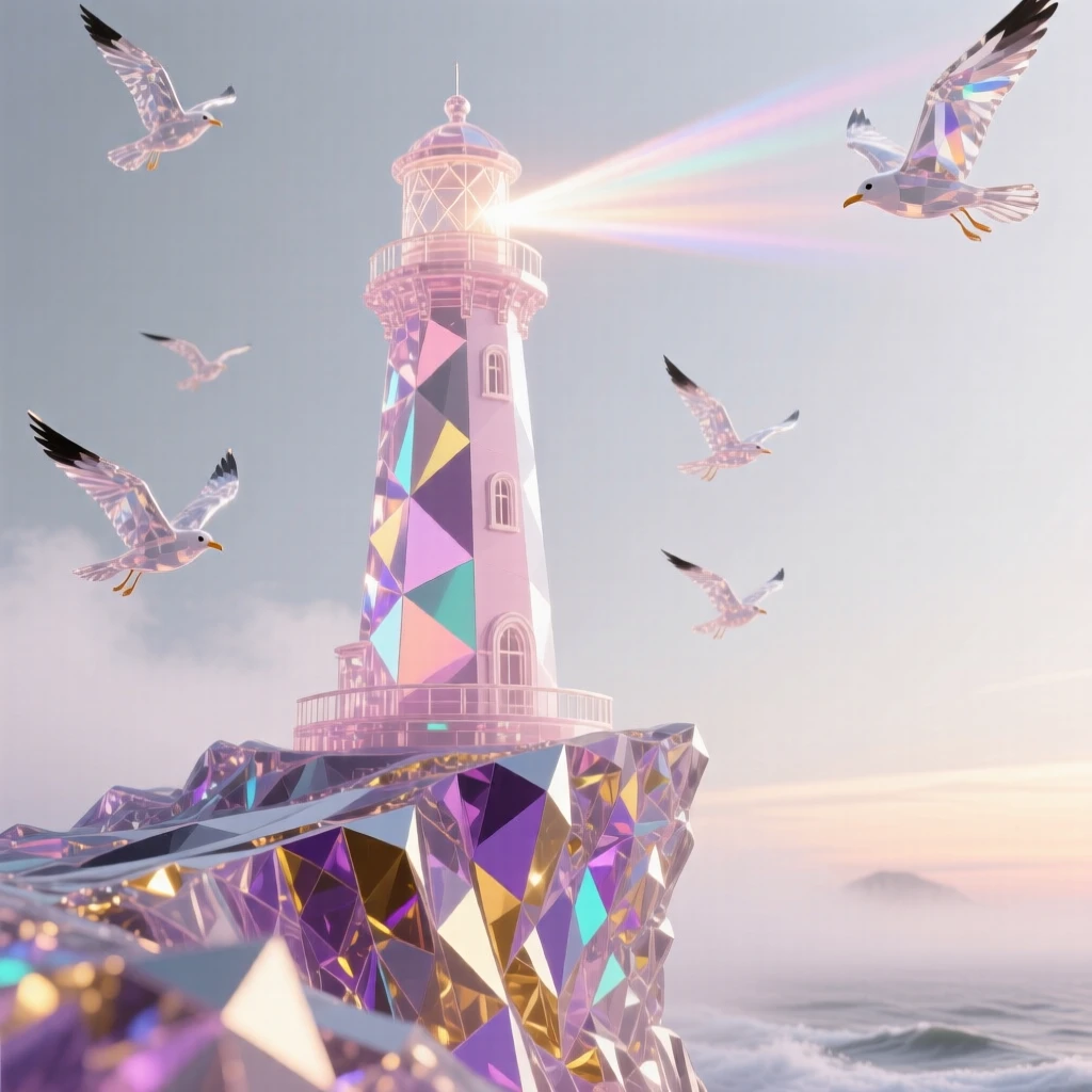 A solitary lighthouse on a wave-battered cliff at dawn, beam of light cutting through low fog, seabirds wheeling overhead, composed low-angle looking up at the tower.