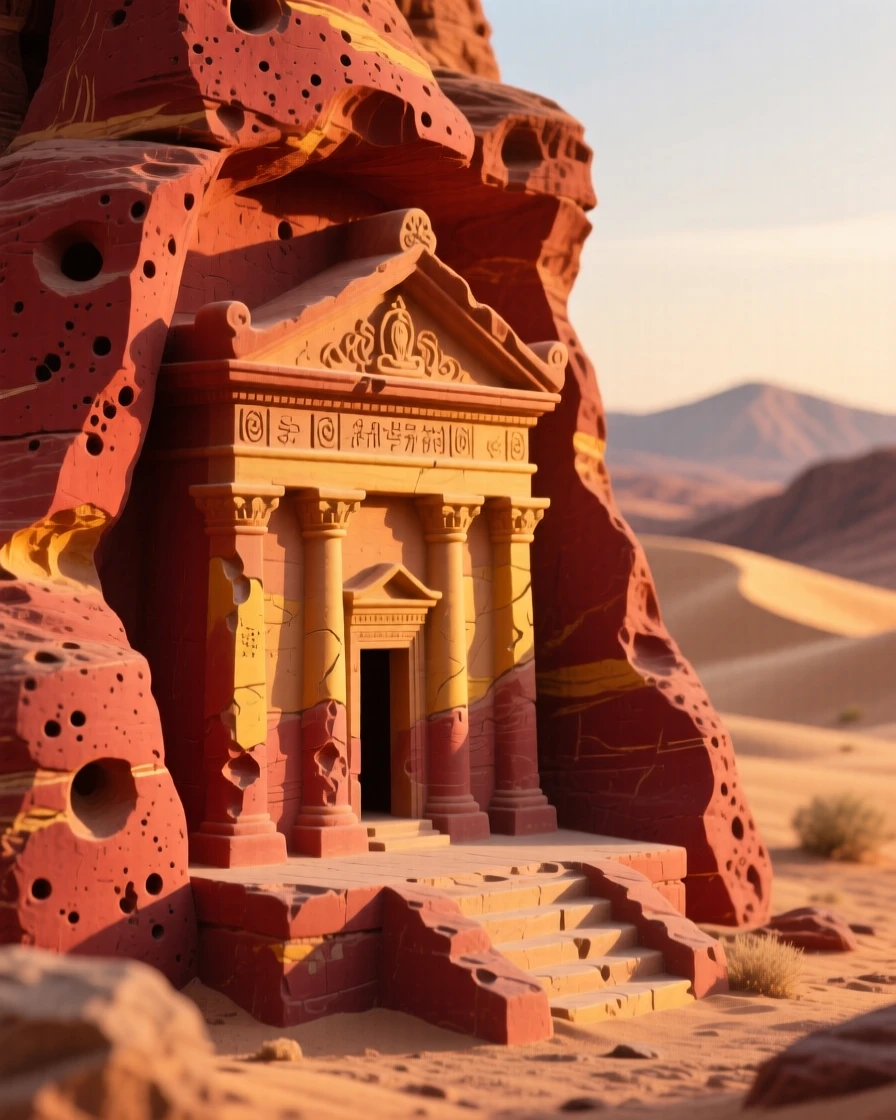 A desert temple carved into red rock framed by rolling hills in the distance, bathed in the golden light of late afternoon, capturing the romance of a bygone era.