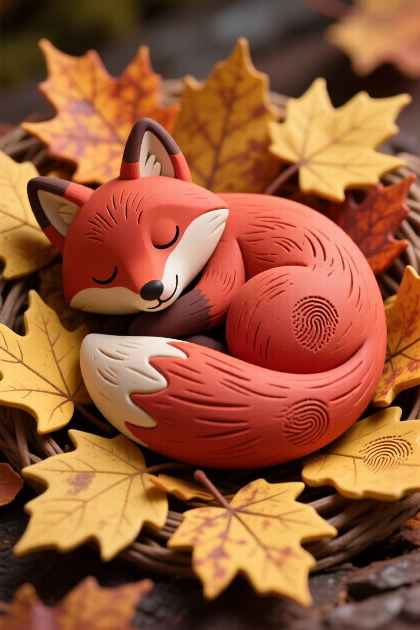 A red fox curled asleep in a bed of golden autumn leaves, tail wrapped over its nose