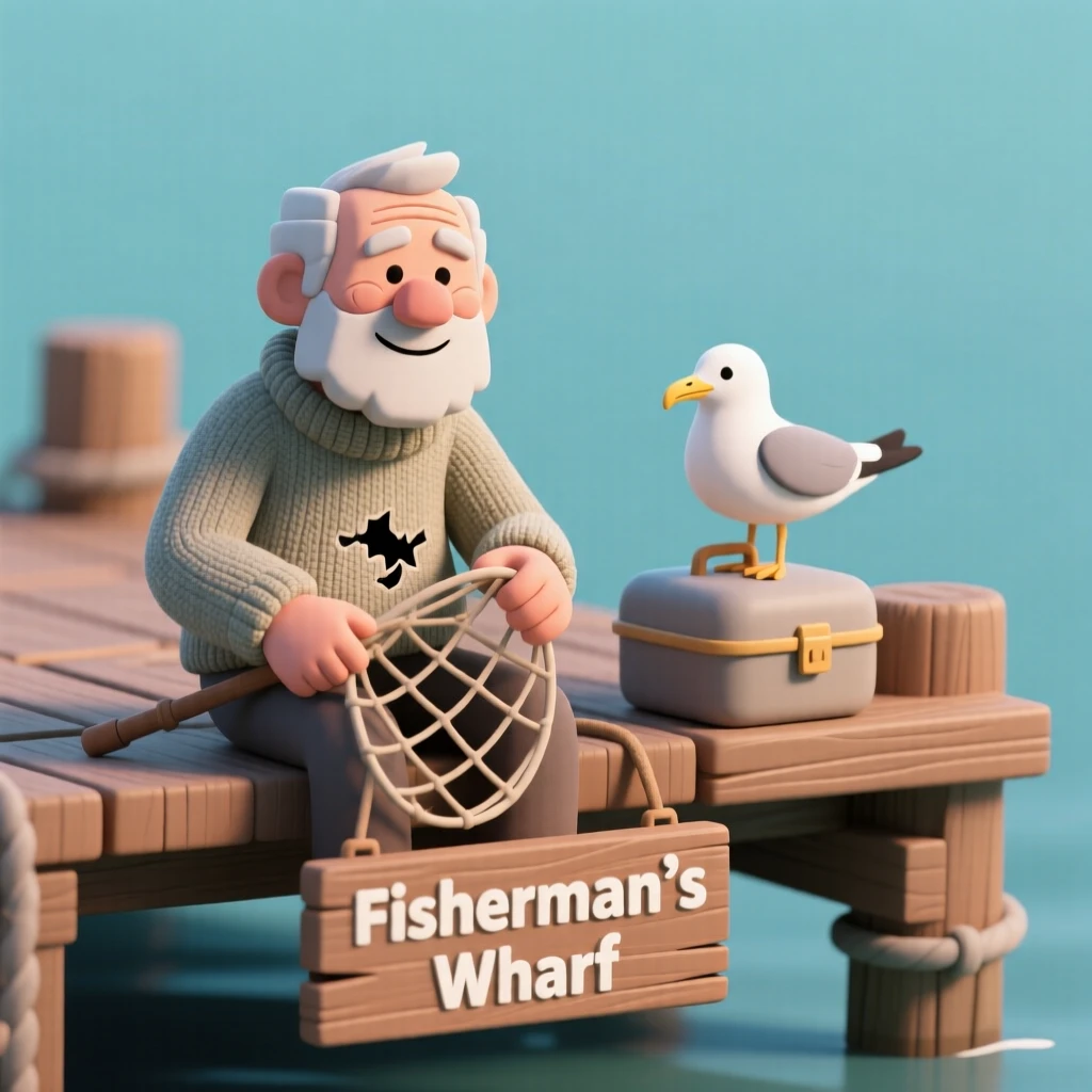 A elderly fisherman with a weathered face and thick wool sweater mends a torn net on a wooden dock, a curious seagull perched beside his tackle box.