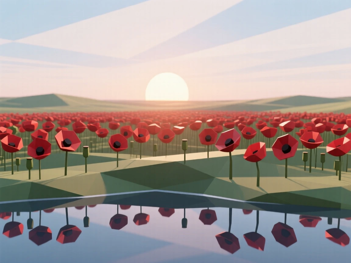A field of red poppies under a wide sky, as the sun begins to rise. reflections in the water double the scene's beauty. The scene feels vast and awe-inspiring.