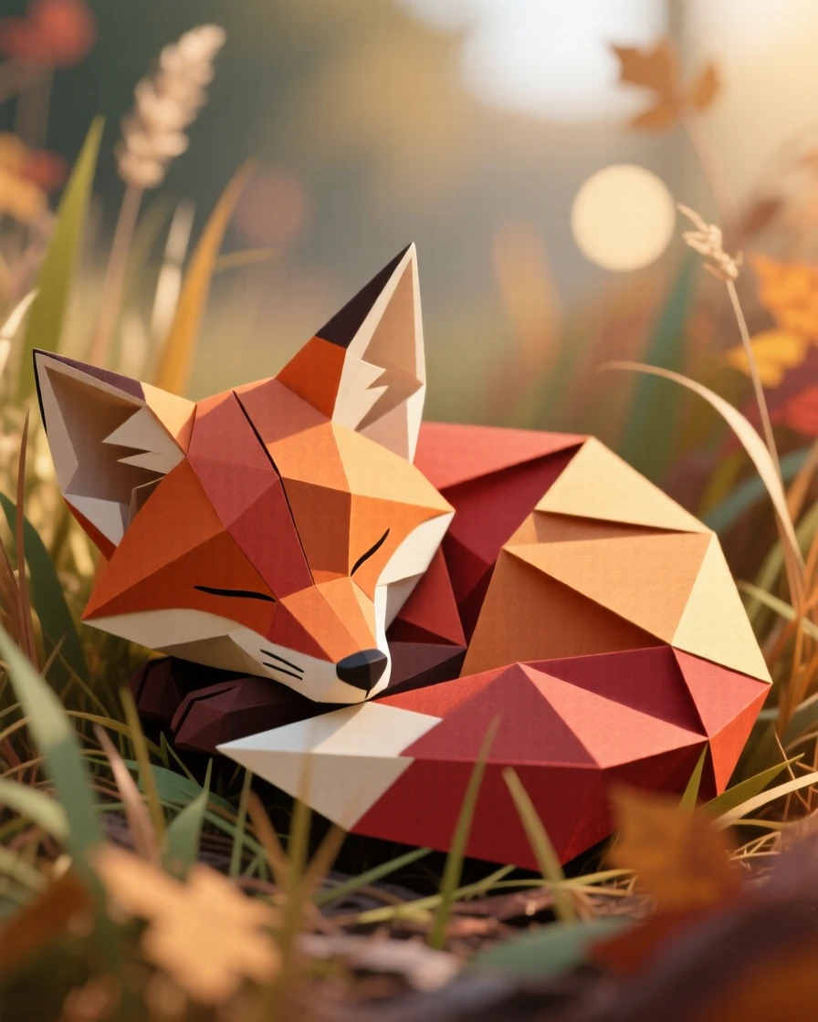 A fox cub curled asleep in tall autumn grass, one ear twitching, morning light slanting across its russet fur, close-up focal composition with soft bokeh background.