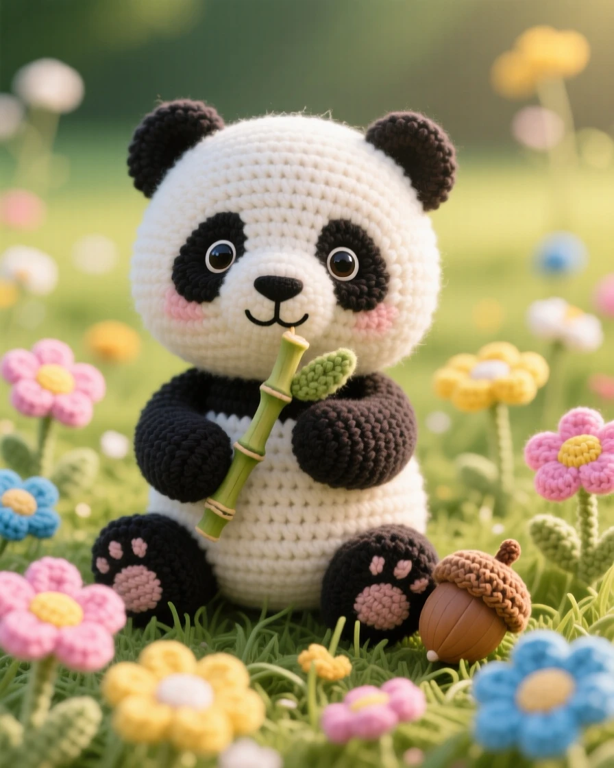 a round baby panda, with a chubby belly and stubby paws, sitting upright and munching on a bamboo stalk, set in a sunlit meadow scattered with wildflowers, with a fallen acorn resting beside its paw, evoking playful mischief bubbling just beneath the surface.