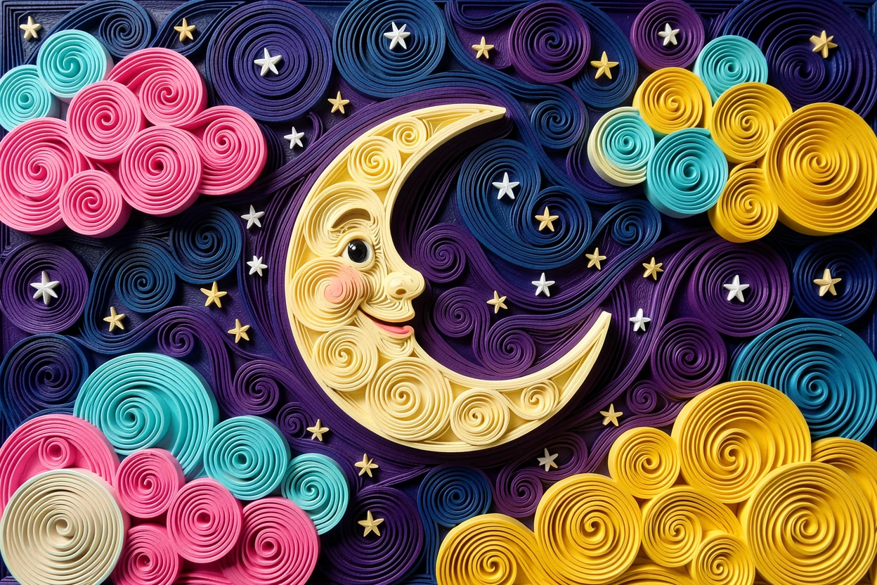 A whimsical children's scene of a starry night sky with a smiling crescent moon beneath a sky full of fluffy cotton-candy clouds, in bright candy colors of pink, turquoise, and yellow, composed with a friendly, inviting central focal point.