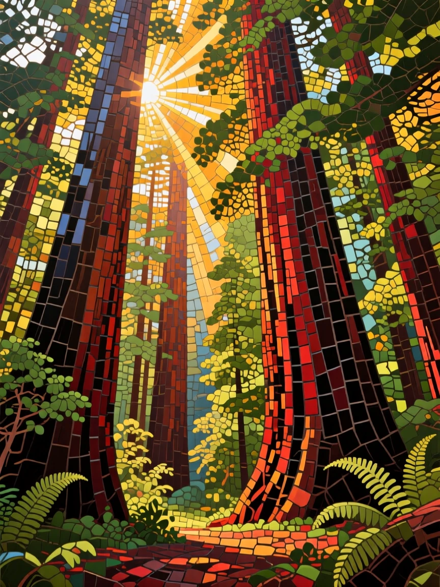 A dramatic view of towering redwood trees with sunbeams breaking through.