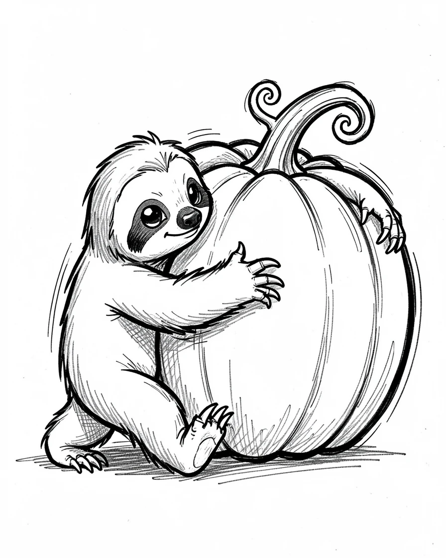 A baby sloth trying to hug a pumpkin twice its size.
