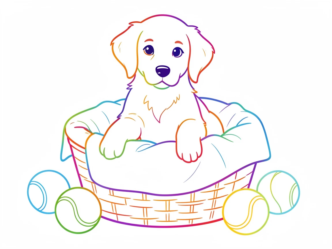 A golden retriever puppy sitting in a wicker basket lined with a soft blanket, ears perked, one paw resting on the basket's edge, surrounded by a few scattered tennis balls.