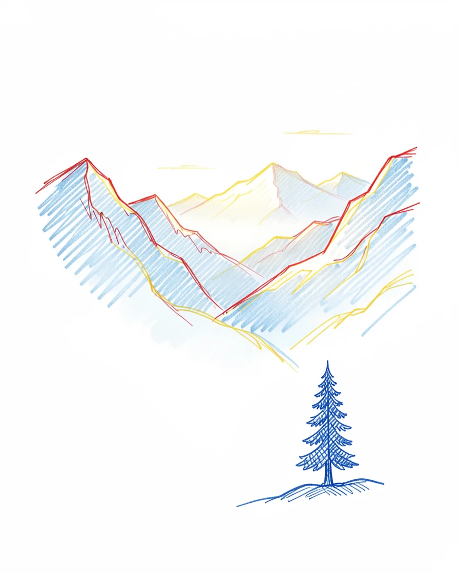 A misty mountain valley at sunrise, layered peaks fading into blue haze, a lone pine silhouetted in the foreground