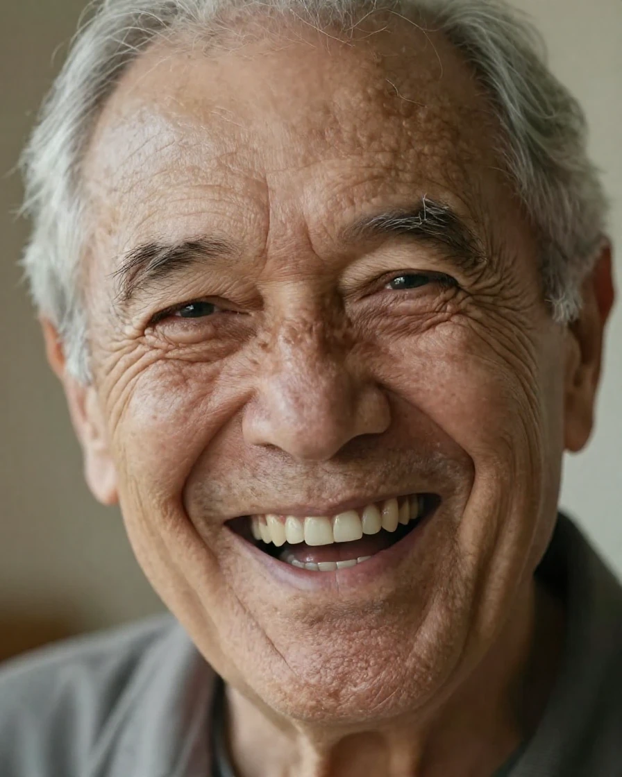 An elderly man with deep wrinkles laughing heartily
