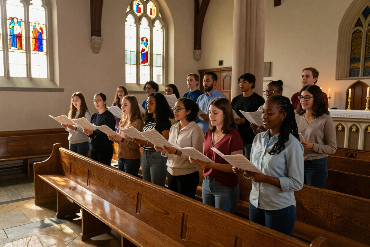 A choir rehearses together in a sunlit church, voices blending into harmony.
