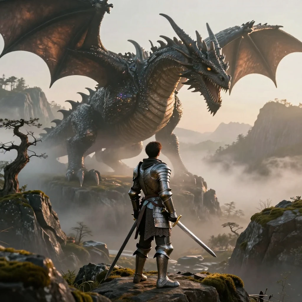 A young knight facing a towering dragon in a mist-covered valley