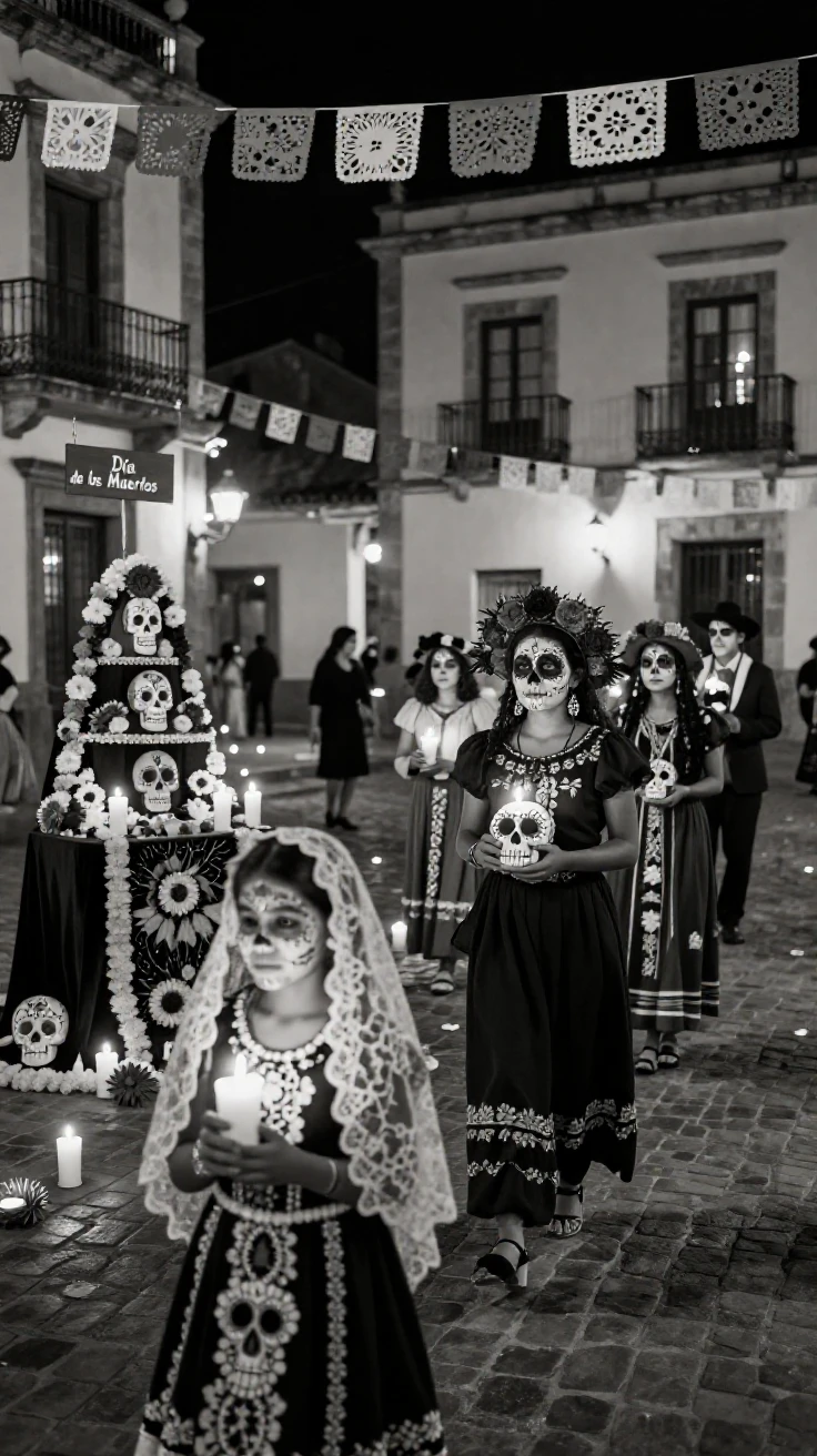 A Day of the Dead procession moves through candlelit streets through a decorated town square.