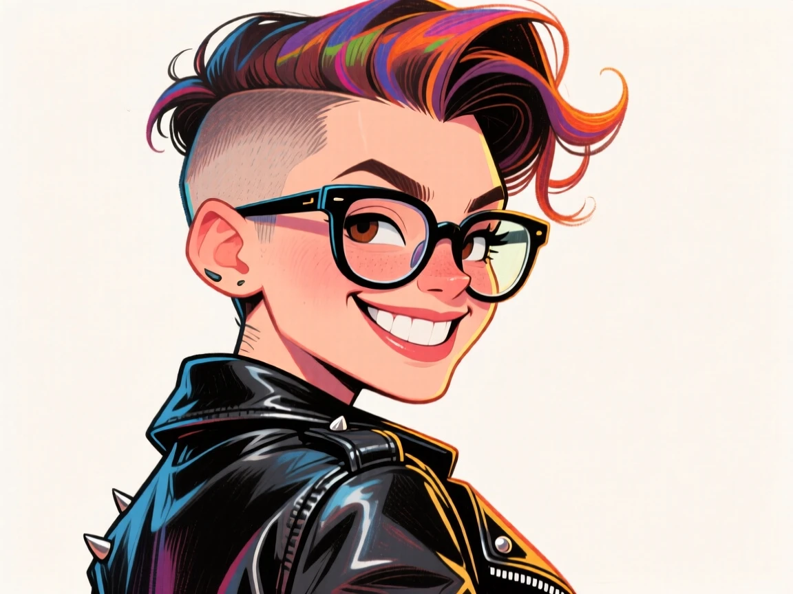 A confident young woman with a bold undercut hairstyle, thick-rimmed glasses, and a leather jacket, smirking over her shoulder.