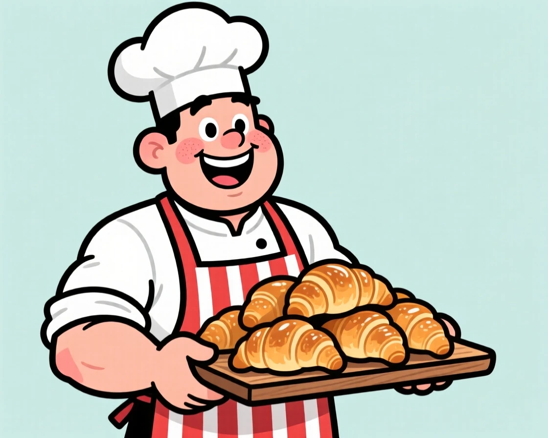 A charming portrait of a jolly baker with flour-dusted cheeks and a wide smile, holding a tray of golden croissants, wearing a striped apron and a tall white hat.