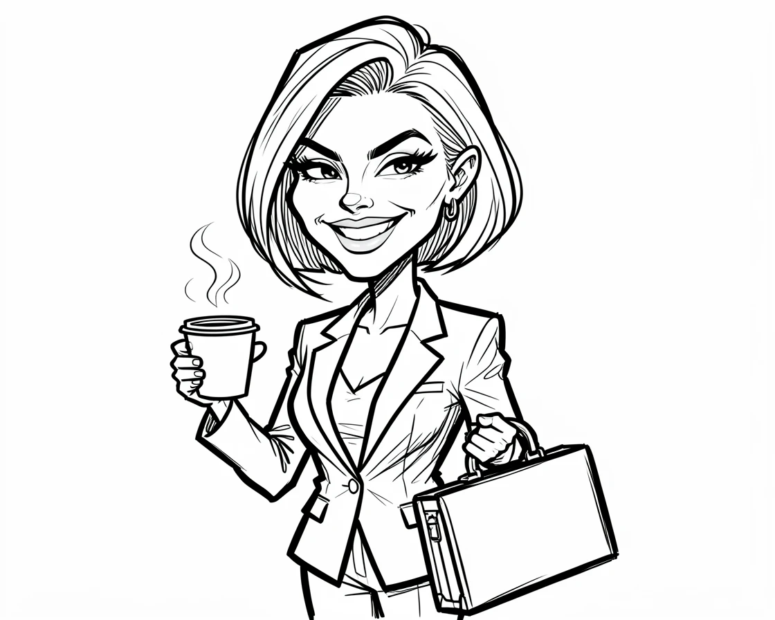 [People Portraits & Characters] Portrait of a confident businesswoman in a sharp blazer holding a coffee cup and a briefcase, full of personality and charm