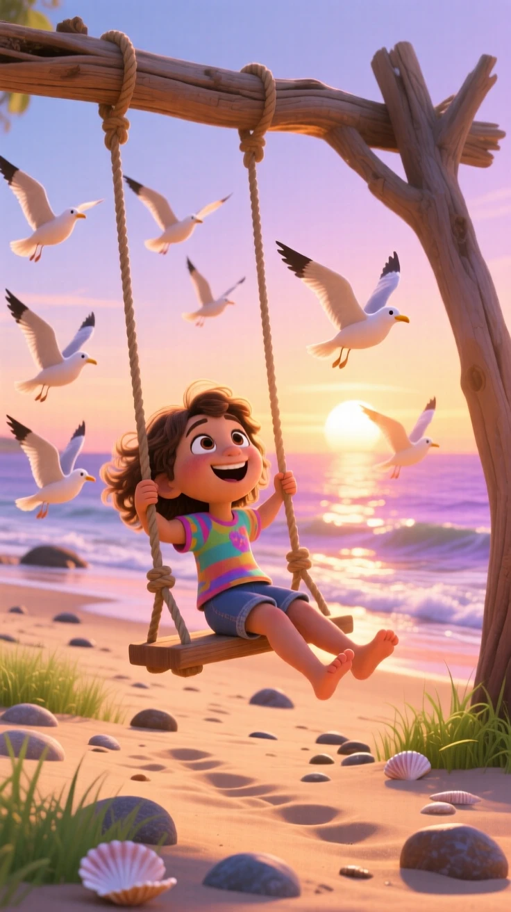 A young girl laughing on a swing unfolds on a quiet beach at sunrise, with birds scattering into the sky nearby. The mood is triumphant, warm, and full of love.