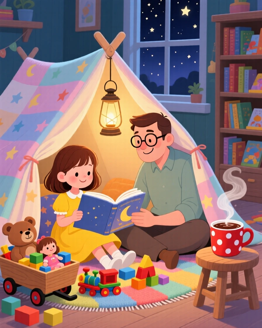 A girl with a wagon full of toys spends the afternoon reading a bedtime story under a blanket fort with his father, with a warm cup of cocoa nearby.