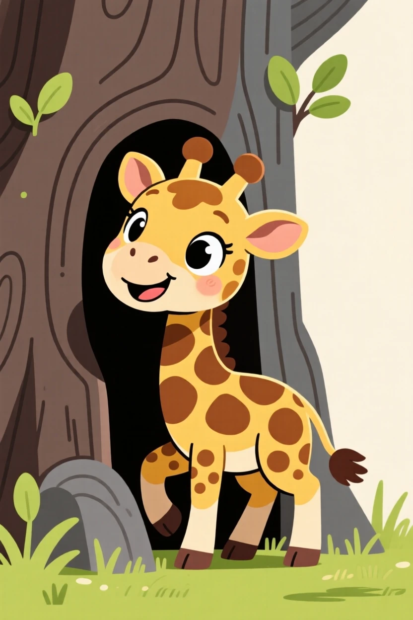 A wobbly newborn giraffe peeking out from behind a tree trunk.