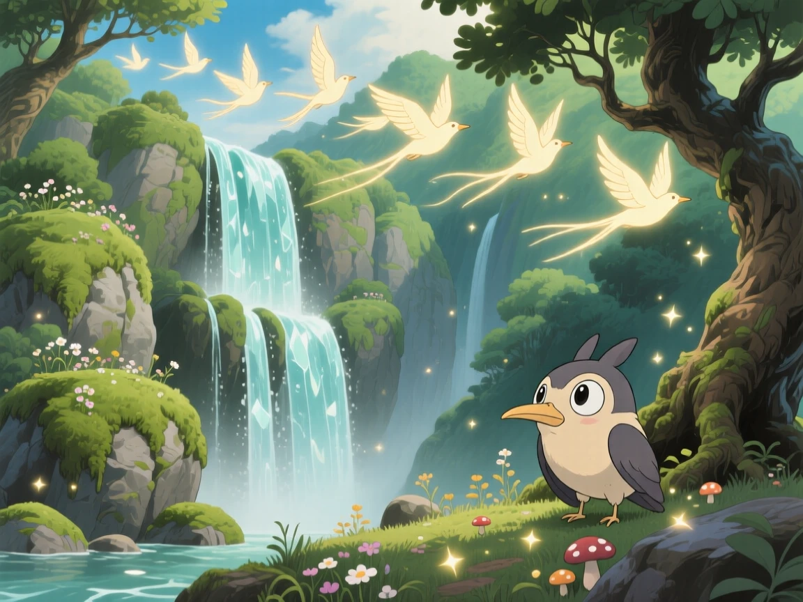 A hidden valley where waterfalls flow upward, where a flock of luminous birds trailing light behind them can be seen nearby, the atmosphere mysteriously beautiful.