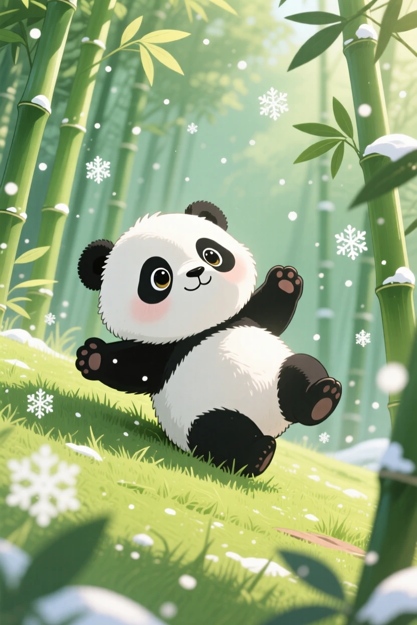 Waist-up portrait of a round baby panda, tumbling down a gentle grassy slope, in a bamboo forest clearing, amid softly falling snow, illuminated by bright midday sun, radiating peaceful calm.
