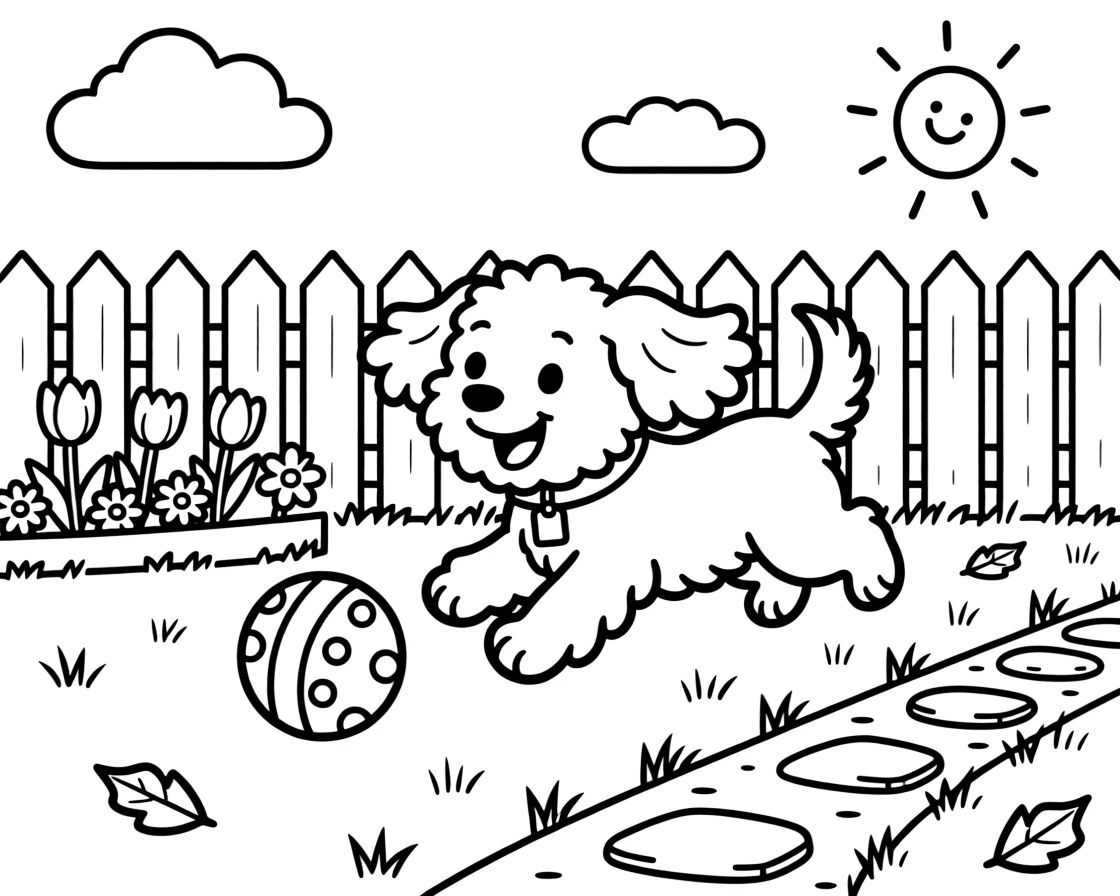 A fluffy puppy chasing a ball across a sunny backyard