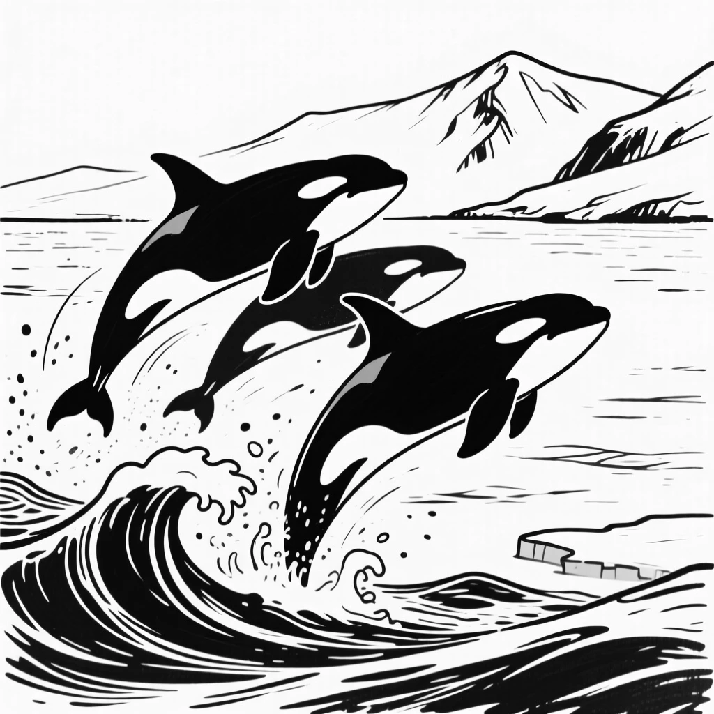 A pod of orcas leaping in unison out of icy ocean waves near a snow-capped coastline.