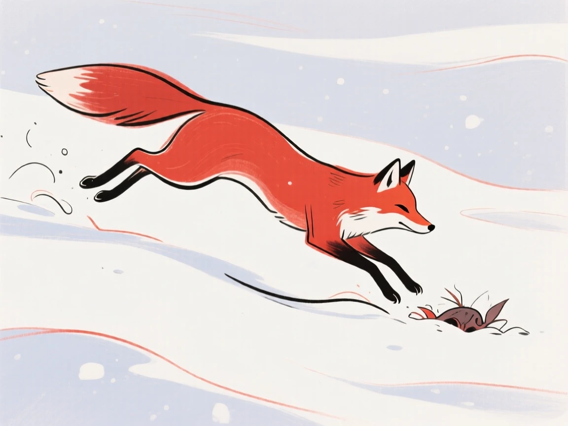 A red fox leaping through deep snow to catch prey buried beneath the surface.