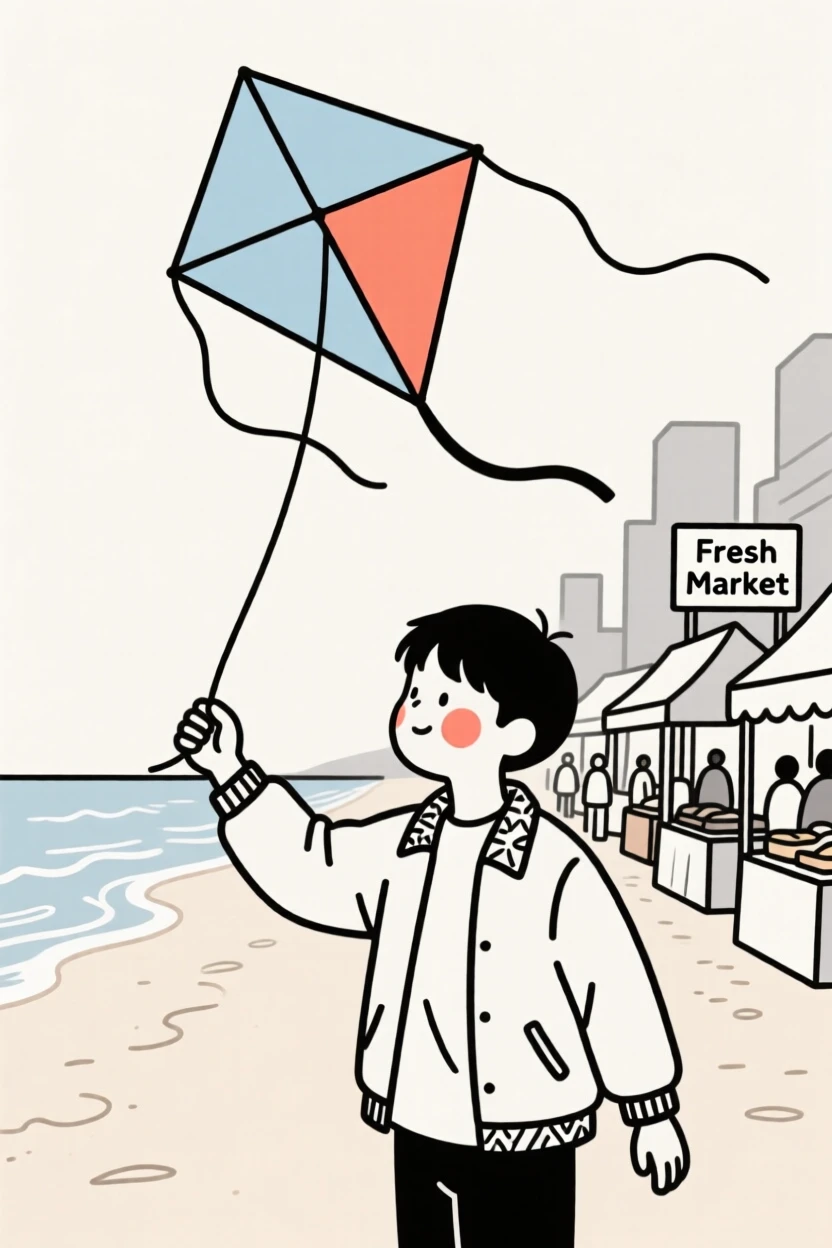 A teenager of Korean heritage flying a kite on a windy beach, in a bustling city market.