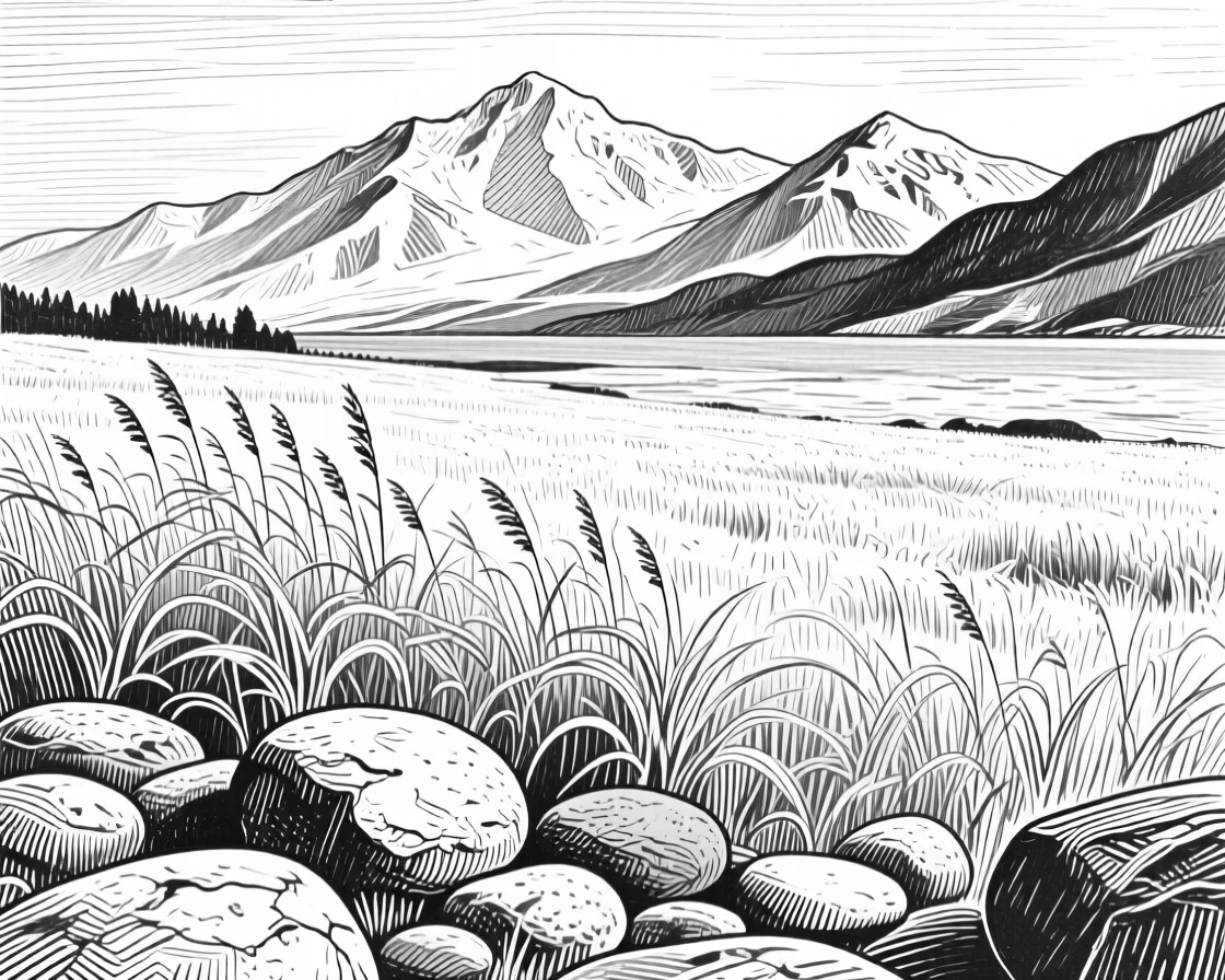 A field of wild grasses surrounded by distant snow-capped peaks, with smooth stones worn by centuries of tide, evoking a softly romantic atmosphere in a wide, balanced composition.