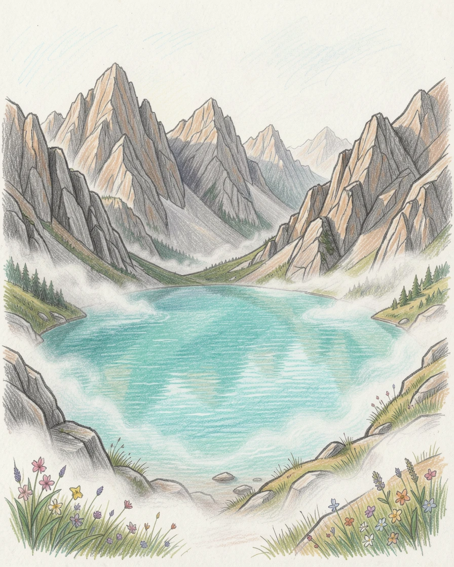 A turquoise alpine lake ringed by jagged granite peaks, with morning mist curling low across the ground, telling a quiet story of solitude and beauty.