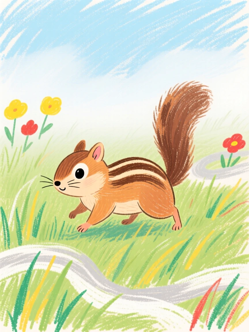 A chipmunk crossing a quiet meadow blanketed in morning fog.