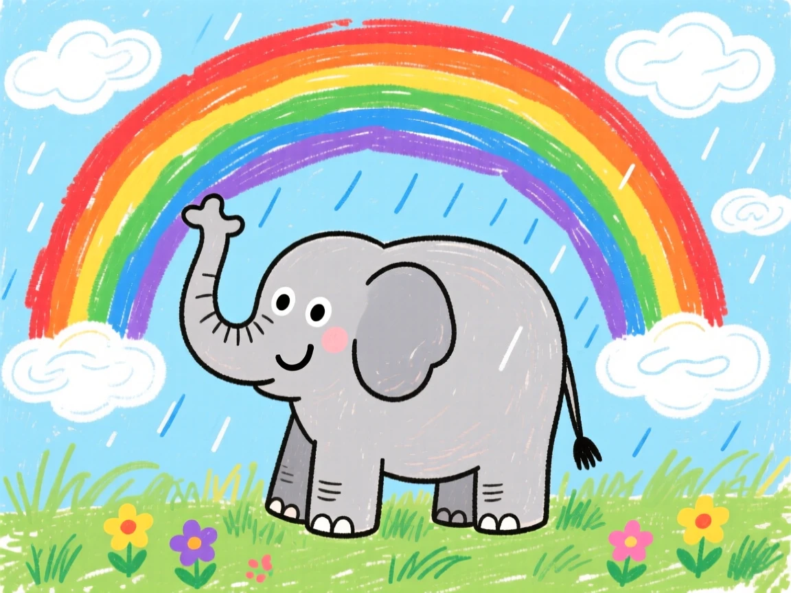 A majestic elephant beneath a rainbow after a storm.