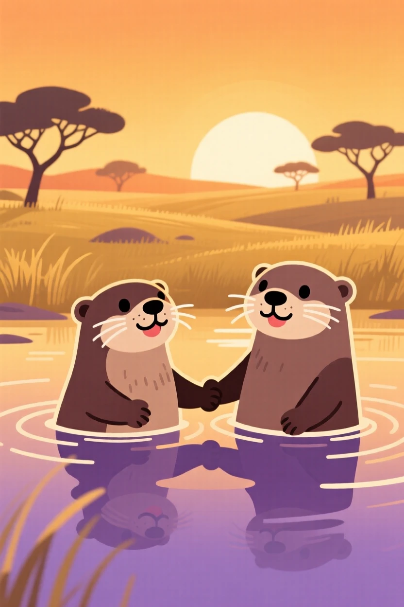 A pair of playful otters holding hands while floating on their backs, positioned against a warm golden savanna at sunset, positioned slightly off-center following the rule of thirds, with a sense of playful curiosity captured perfectly.