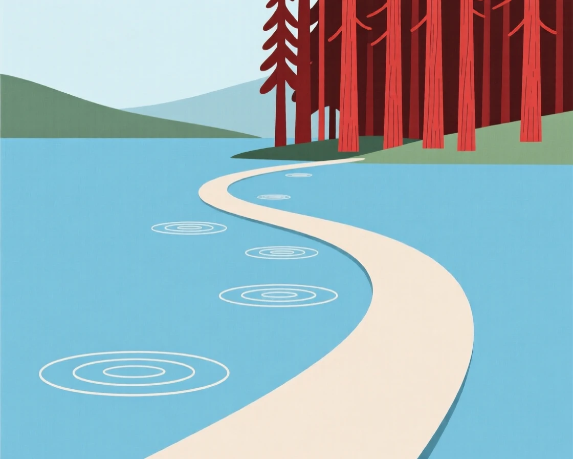 A winding path through a quiet alpine lake leading toward a redwood forest, with ripples spreading across still water scattered along the way, radiating peaceful renewal.