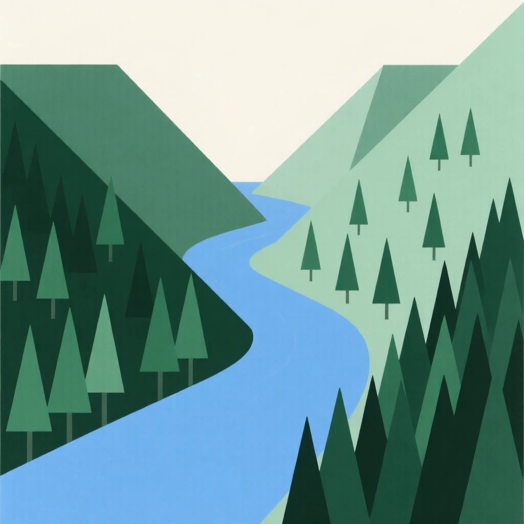 A winding river cutting through a deep forested valley