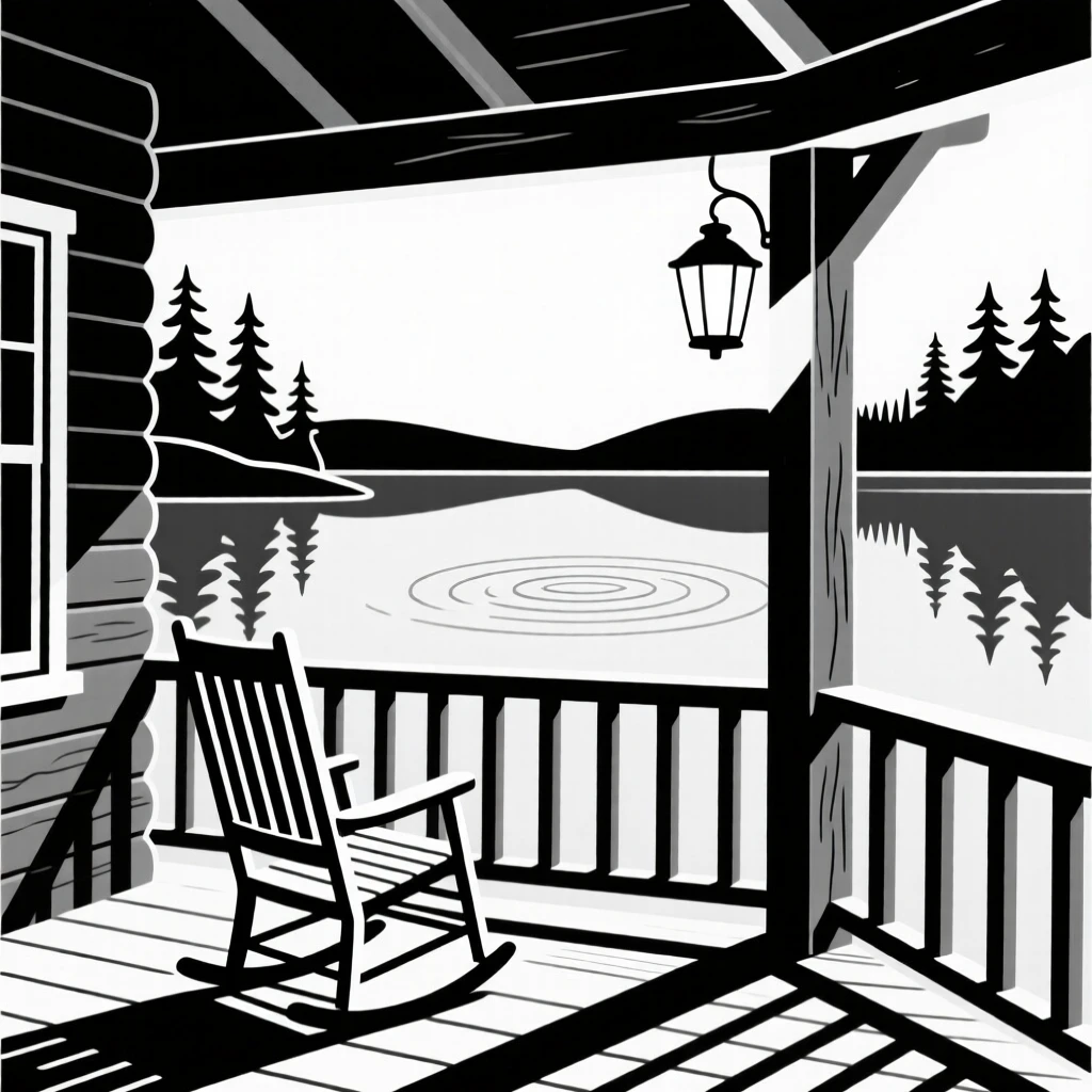 A rustic cabin porch overlooking a still lake.