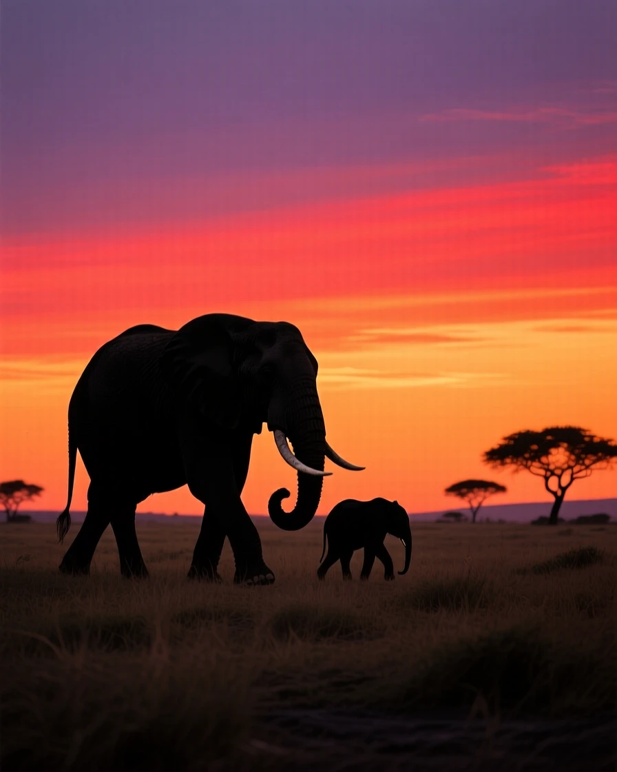 A lone elephant matriarch leading her herd across an open savanna at dusk, calves walking close beside their mothers.