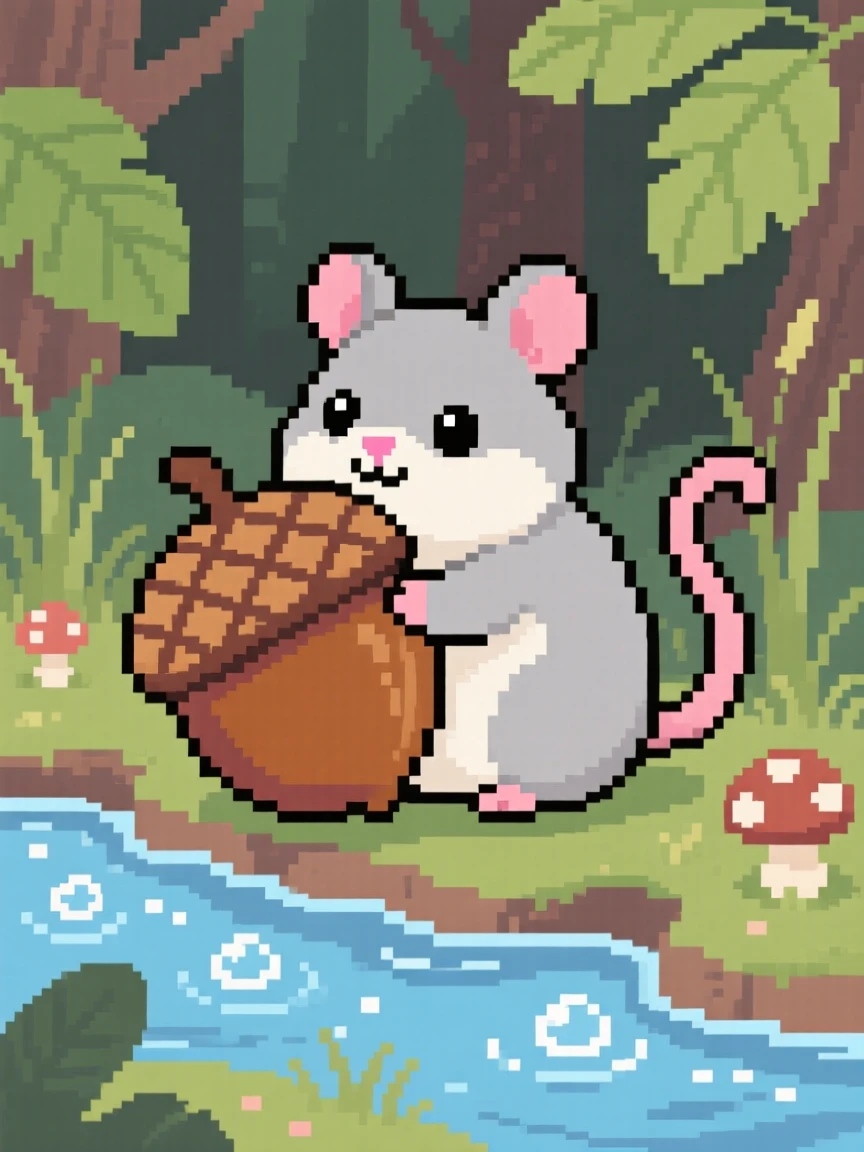 A chubby chinchilla hugging a giant acorn, beside a bubbling woodland stream.