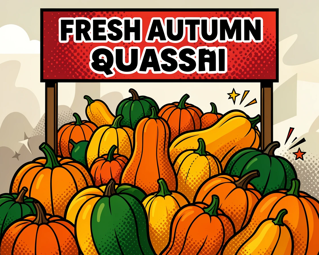 A market stall piled high with autumn squash