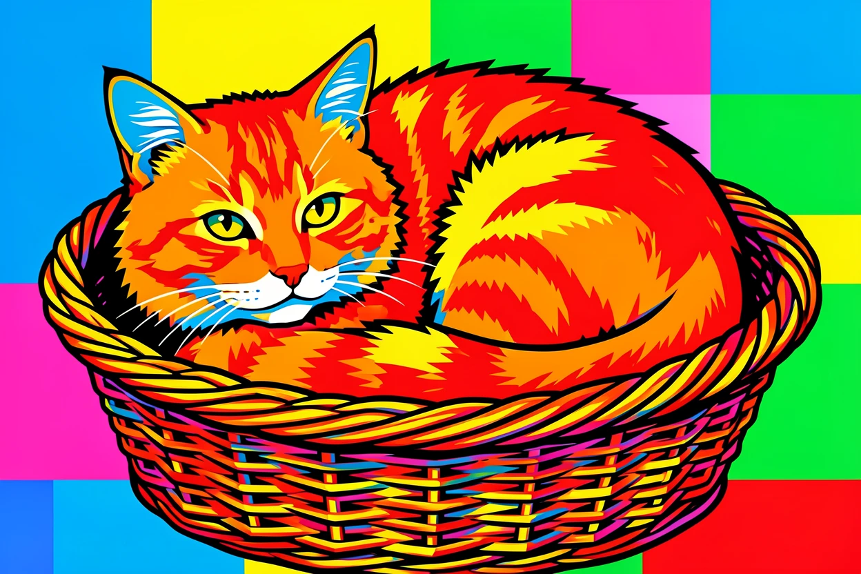 Fluffy orange tabby cat curled up in a wicker basket