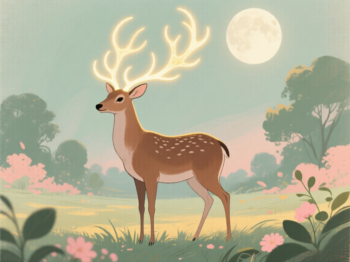 A mystical stag with antlers of glowing light in a moonlit glade