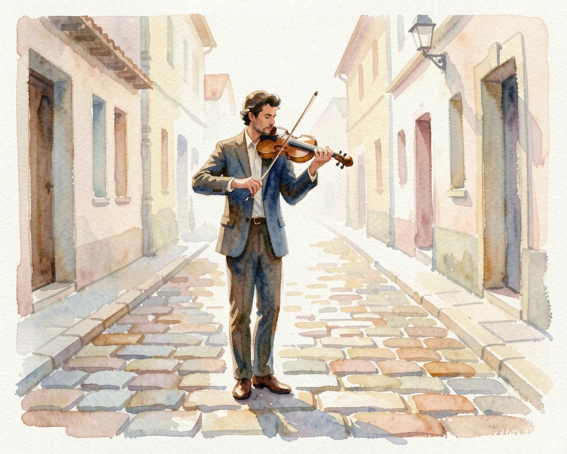 A musician playing violin on a quiet cobblestone street with soft natural light illuminating the scene.