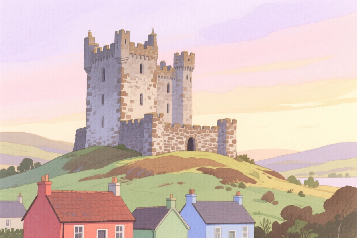 A picturesque view of a Scottish highland castle with a castle rising above the rooftops, under a soft sunrise