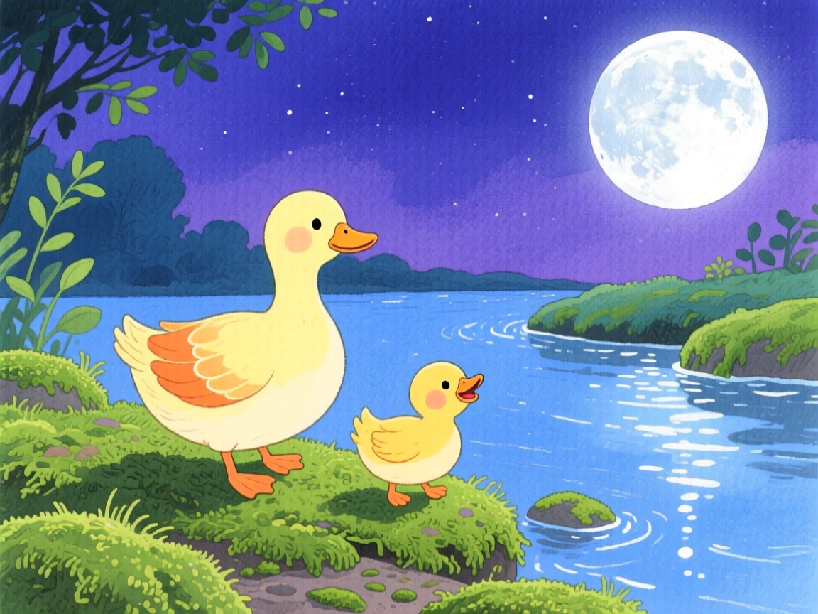 A duckling following its mother playing joyfully in a mossy riverbank under a full moon.