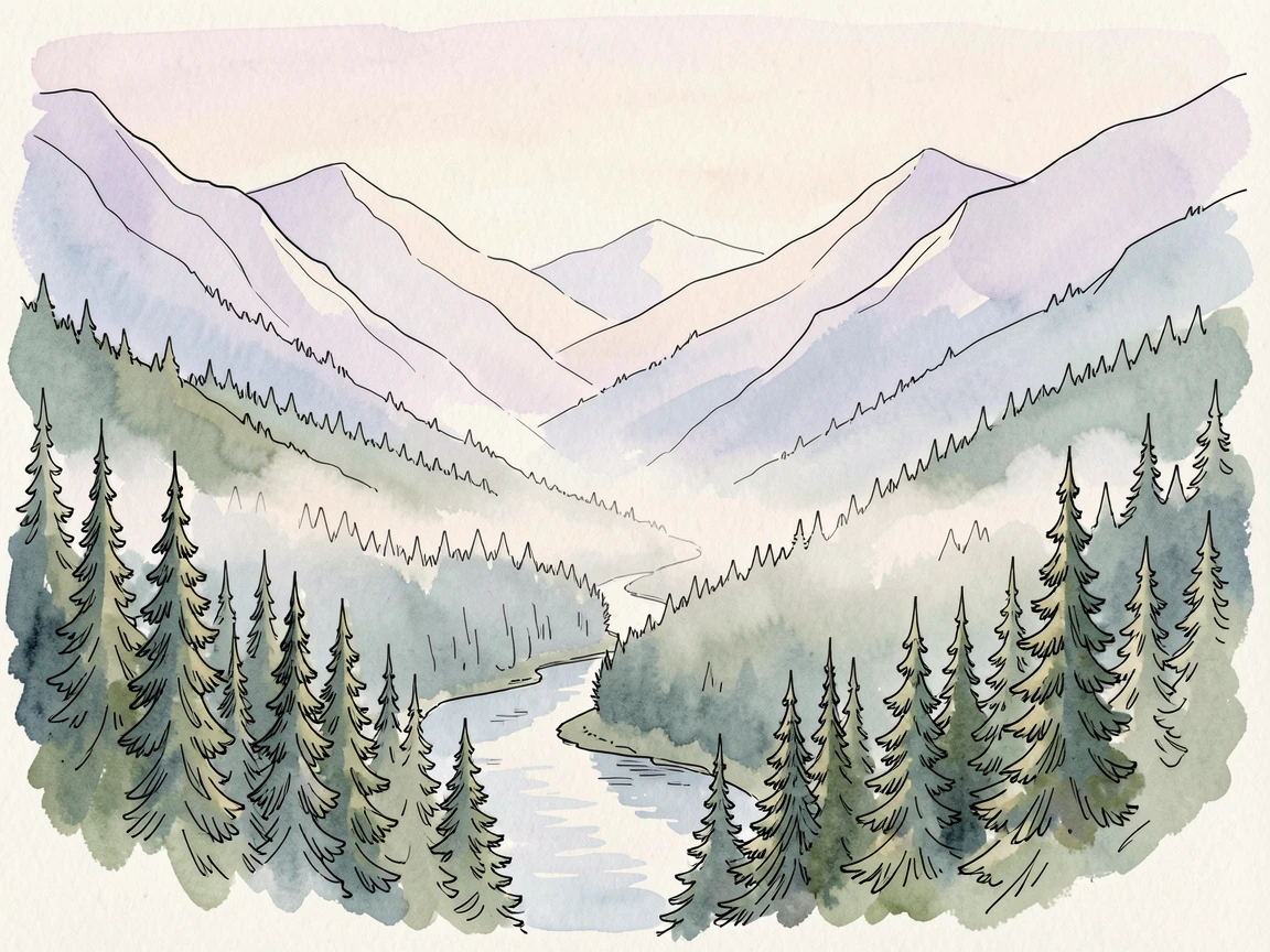 A mist-covered mountain valley at dawn, layered ridgelines fading into pale distance, a narrow river winding through pine forest at the base